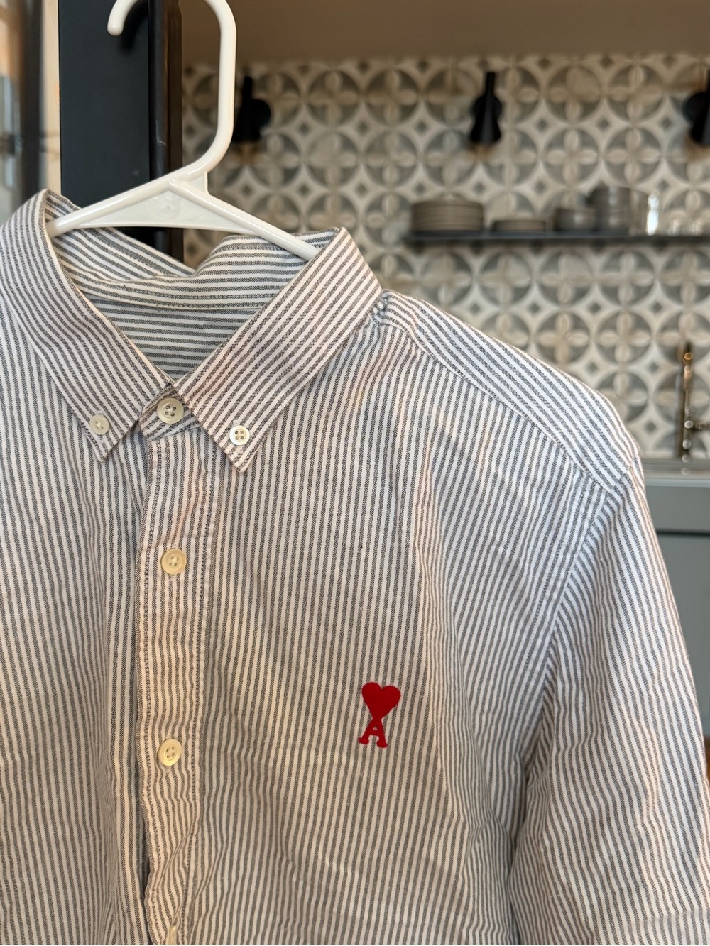 Ami Men's Blue and White Pinstripe Button-Down Shirt with Red Heart Logo